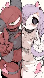  1_eye 9999gpera absurd_res big_breasts breast_squish breasts breasts_frottage cleavage_cutout clothed clothing cutout demon demon_humanoid duo female hair hair_over_eye hi_res horn human humanoid mammal navel not_furry red_body red_skin simple_background squish white_background 