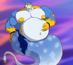  2026 absurd_res anthro avian beak belly big_belly big_muscles big_pecs bird blue_body bottomwear clothing genie genie_tail hand_on_belly hand_on_hip hi_res huge_belly huge_pecs lamp lava_lamp loincloth looking_at_viewer magic_user male muscular muscular_male nipples pecs purple_bottomwear purple_clothing purple_loincloth rodric_(xylus) sparkles story story_in_description vicpagani wide_hips 