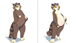  16:9 animal_onesie anthro belly canid canine canis clothing comet_(pyrofoxy) hi_res male mammal naughty_face navel onesie overweight pregnant pregnant_male round_body simple_background smile snakewolf solo standing stomach_bulge teasing unzipped weight_gain widescreen wolf yellow_body zipper 