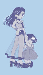  1boy blue_background crossdressing dress female height_difference higashikata_mitsuba higashikata_tsurugi highres holding_hands jojo_no_kimyou_na_bouken jojolion lolicon looking_at_viewer mi-mi-o monochrome mother_and_son origami otoko_no_ko see-through see-through_skirt skirt 