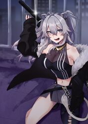  absurdres ahoge animal_ears blush breasts cleavage ear_piercing female fur-trimmed_jacket fur_trim grey_eyes grey_hair hair_between_eyes highres hololive jacket jewelry large_breasts lion_ears lion_girl lion_tail long_hair looking_at_viewer mizuhasi night night_sky open_mouth over_shoulder piercing see-through see-through_cleavage shirt shishiro_botan shishiro_botan_(1st_costume) sky smile solo tail two_side_up virtual_youtuber weapon_behind_back 