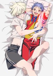  1boy androgynous bad_id bad_twitter_id barefoot bed_sheet black_shorts blonde_hair blue_hair closed_mouth dakimakura_(object) foot_out_of_frame glowstick highres holding holding_glowstick hugging_object ichijou_shin idol_clothes image_sample implied_yaoi inactive_account jacket king_of_prism kisaragi_louis looking_at_viewer lying male_focus midriff_peek necktie on_back open_mouth pants pillow pillow_hug pretty_rhythm pretty_series red_eyes red_necktie red_pants shirt short_hair short_sleeves shorts smile solo twitter_sample white_jacket white_shirt yellow_eyes zashima 