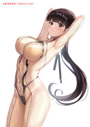  arms_behind_head artist_name black_hair blunt_bangs bodysuit breasts brown_bodysuit brown_eyes covered_nipples english_commentary eve_(stellar_blade) female impossible_bodysuit impossible_clothes large_breasts long_hair looking_at_viewer ponytail sebu_illust skin_suit_(stellar_blade) skin_tight stellar_blade very_long_hair white_background 