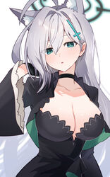  ahoge animal_ear_fluff animal_ears black_choker black_dress blue_archive breasts choker cleavage closed_mouth commentary_request dress enipa_28 female green_eyes green_halo grey_hair halo hand_up highres large_breasts long_hair long_sleeves looking_at_viewer mismatched_pupils parted_lips shiroko_(blue_archive) shiroko_terror_(blue_archive) simple_background solo upper_body white_background wide_sleeves wolf_ears 