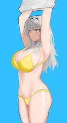  armpits arms_up bikini blue_background breasts commentary cowboy_shot female grey_hair hair_intakes highres honkai:_star_rail honkai_(series) large_breasts long_hair looking_at_viewer navel solo standing stelle_(honkai:_star_rail) stomach swimsuit thighs tofudofu trailblazer_(honkai:_star_rail) yellow_bikini yellow_eyes 