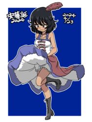  2024 andou_(girls_und_panzer) birthday black_eyes black_footwear black_hair bloomers blue_background blue_dress blush boots cancan_dance character_name choker closed_mouth commentary cross-laced_footwear dark-skinned_female dark_skin dated dress dress_tug embarrassed feather_hair_ornament feathers female french_clothes frown girls_und_panzer hair_ornament high_heel_boots high_heels lace-up_boots leg_up medium_dress medium_hair messy_hair outline red_choker red_dress simple_background sleeveless sleeveless_dress standing standing_on_one_leg sweatdrop takahashi_kurage translated two-tone_dress wavy_mouth white_bloomers white_outline 