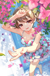  absurdres barefoot bikini blush bougainvillea_(flower) breasts cleavage day female floral_print flower highres idolmaster idolmaster_cinderella_girls light_brown_hair looking_at_viewer morikubo_nono open_mouth orange_eyes outdoors petals print_bikini ringlets small_breasts smile solo sunlight swimsuit yukinuno 