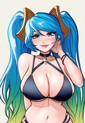  artist_name bikini black_bikini blue_eyes blue_hair blush breasts cleavage female gradient_hair green_hair hair_ornament hair_tie_on_wrist highres jewelry konomidraws large_breasts league_of_legends long_hair looking_at_viewer multicolored_hair navel navel_piercing piercing pool_party_(league_of_legends) simple_background smile solo sona_(league_of_legends) swimsuit treble_clef twintails twitter_username two-tone_hair very_long_hair 