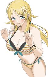  absurdres bare_shoulders bikini bikini_pull black_bikini blonde_hair blue_eyes blush breasts cleavage closed_mouth clothes_pull commentary dunchy female flower hachimiya_meguru hair_flower hair_ornament highres idolmaster idolmaster_shiny_colors large_breasts looking_at_viewer navel print_bikini pulling_own_clothes simple_background solo stomach swimsuit white_background yellow_bikini 