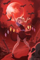  absurdres arm_up ascot bat_(animal) blonde_hair crystal female field_of_blades flandre_scarlet full_body highres long_hair looking_at_viewer moon multicolored_wings multiple_swords multiple_weapons open_mouth planted planted_sword puffy_short_sleeves puffy_sleeves red_eyes red_moon red_skirt red_theme red_vest ribbon short_sleeves side_ponytail skirt skirt_set skull smile solo sword syc2159 touhou vest weapon wings yellow_ascot 