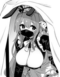  alternate_costume animal_ears apron azur_lane azur_lane:_slow_ahead black_mask boise_(azur_lane) boise_(flawed_but_delectable)_(azur_lane) breasts cleavage cleavage_cutout clothing_cutout enmaided fake_animal_ears female greyscale hori_(hori_no_su) large_breasts long_hair long_sleeves looking_at_viewer maid maid_headdress mask monochrome mouth_mask official_alternate_costume official_art rabbit_ears solo tablecloth under_the_table very_long_hair waist_apron 