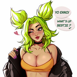  artist_name bandaid bandaid_on_face black_choker breasts choker cleavage collarbone crop_top earrings english_commentary english_text female fingernails green_hair heart highres hoop_earrings jacket jewelry konomidraws large_breasts league_of_legends long_fingernails long_hair open_clothes open_jacket pink_nails simple_background smile solo speech_bubble spoken_heart twintails twitter_username white_background yellow_eyes zeri_(league_of_legends) 