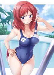  absurdres blue_one-piece_swimsuit blue_sky breasts cleavage cloud collarbone commentary_request competition_swimsuit cosplay covered_navel day female hand_on_own_hip highres kirisaki_reina large_breasts looking_at_viewer love_live! love_live!_school_idol_project love_live!_sunshine!! medium_hair nishikino_maki one-piece_swimsuit outdoors purple_eyes red_hair sky solo standing swimsuit thigh_gap thighs watanabe_you watanabe_you_(cosplay) wet 