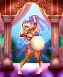  absurd_res anthro belly bertyborts big_belly big_breasts breasts buttercup_(pack-leader) canid canine dancing female hi_res mammal navel palace pregnant pregnant_anthro pregnant_female solo 