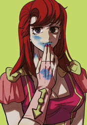  after_kiss blue_lips brown_eyes curtained_hair dress female gloves green_background hand_to_own_mouth higashikata_mitsuba highres jewelry jojo_no_kimyou_na_bouken jojolion lipstick lipstick_mark lipstick_mark_on_face lipstick_mark_on_hand lipstick_mark_on_neck looking_at_viewer makeup nail_polish partially_fingerless_gloves pink_dress pink_gloves red_hair ring short_sleeves smile solo swampland 