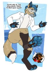  2023 absurd_res anthro canid canine clothing coat duo english_text extreme_size_difference feet female foot_fetish foot_focus foot_play fox hi_res hyena lab_coat laboratory macro male male/female mammal menzo micro pawpads paws size_difference stepped_on stomped stuck_to_foot text thaismotosuwa topwear underfoot 