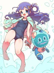  :o aquaman.exe asari_nanami bad_id bad_twitter_id barefoot blue_eyes blue_hair blue_one-piece_swimsuit blunt_bangs breasts commentary_request controller covered_navel crossover female full_body highres holding holding_remote_control idolmaster idolmaster_cinderella_girls inactive_account jacket jacket_on_shoulders long_hair looking_at_viewer mega_man_(series) mega_man_battle_network_(series) one-piece_swimsuit open_mouth remote_control robot ruru_ashihara school_swimsuit single_hair_ring small_breasts solo standing standing_on_one_leg swimsuit water white_background 