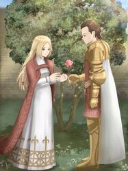  1boy armor blonde_hair braid breasts brick_wall brown_eyes brown_hair cape cloak couple delita_heiral dress elbow_pads female final_fantasy final_fantasy_tactics flower full_body giving giving_flower grass highres holding holding_flower king lens_flare long_hair nose ovelia_atkascha queen red_cloak red_flower red_rose rose shadow small_breasts smile soosupaan straight tree white_cape white_dress yellow_armor 