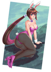  animal_ears blue_eyes bow bowtie brown_hair commission detached_collar english_commentary fake_animal_ears fake_tail female hair_ornament heroine_(pokemon_conquest) high_heels highres leotard pantyhose pink_leotard playboy_bunny pokemon pokemon_conquest purple_bow purple_bowtie purple_footwear rabbit_ears rabbit_tail rinku_bny solo strapless strapless_leotard tail wrist_cuffs 