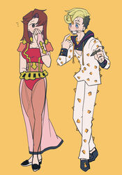  1boy blue_eyes brown_hair couple covering_own_mouth cracked_skin drawing_on_own_face facial_mark female green_hair higashikata_jobin higashikata_mitsuba highres husband_and_wife jewelry jojo_no_kimyou_na_bouken jojolion marker notice_lines pointing pointing_at_self ring spikes swampland wedding_ring yellow_background 