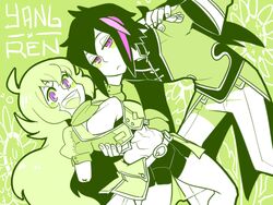  1boy :d abs amputee bakuatsukiyu belt black_hair black_shorts breasts character_name chinese_clothes closed_mouth crop_top english_text female green_background green_theme jacket lie_ren long_hair long_sleeves looking_at_viewer medium_breasts midriff muscular muscular_female open_mouth pink_eyes rwby scarf shorts smile straight yang_xiao_long 