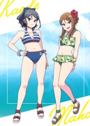  2girls absurdres arm_behind_back bikini black_hair blue_eyes bow bracelet breasts brown_hair character_name cleavage cloud cloudy_sky floral_print_bikini flower foot_jewelry hair_flower hair_ornament hairbow hairclip hand_on_own_hip highres jewelry k-on! k-on!_shuffle kakifly leaf_print long_hair looking_at_viewer medium_breasts multiple_girls nail_polish navel non-web_source official_art open_mouth ponytail romaji_text sandals sawabe_maho scan shimizu_kaede sky smile string_bikini striped_bikini striped_clothes sun_glare swimsuit 