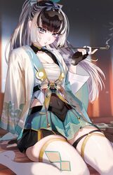  aqua_eyes black_hair breasts chest_sarashi cleavage commentary_request cosplay covered_navel female fingerless_gloves gloves grey_hair hakama hakama_skirt haori highres holding holding_smoking_pipe hololive hololive_dev_is japanese_clothes juufuutei_raden kazama_iroha kazama_iroha_(1st_costume) kazama_iroha_(cosplay) long_hair looking_at_viewer multicolored_hair murechika ponytail sarashi shrug_(clothing) sitting skirt smoking smoking_pipe solo streaked_hair thighhighs virtual_youtuber white_thighhighs zettai_ryouiki 