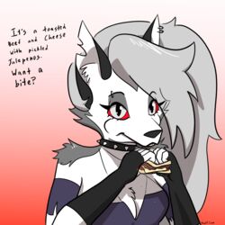  1:1 anthro arm_tuft black_nose breasts canid canid_demon canine canis cheek_tuft chest_tuft cleavage clothed clothing collar demon ear_piercing ear_ring eating eating_food english_text eyebrow_piercing eyebrow_ring facial_piercing facial_tuft female food fur gloves grey_body grey_fur grey_hair hair half_dime handwear hellhound helluva_boss hi_res inner_ear_fluff loona_(helluva_boss) mammal mythological_canine mythological_creature mythology notched_ear piercing red_eyes ring_piercing sandwich_(food) shoulder_tuft smile smiling_at_viewer solo text tuft white_body white_fur wolf 