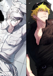  2boys bad_id bad_pixiv_id baseball_cap black_pants black_shirt blonde_hair blood blood_on_face colored_skin grey_hair hair_over_one_eye hat hataraku_saibou highres killer_t_(hataraku_saibou) looking_at_viewer male_focus military military_uniform multiple_boys pants partially_unbuttoned pectoral_cleavage pectorals shirt short_hair short_sleeves smile sweat toned toned_male tsunami_(sorudora) u-1146 uniform white_blood_cell_(hataraku_saibou) white_skin 