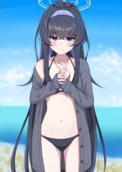  bad_id bad_pixiv_id bags_under_eyes bikini bikini_under_clothes black_bikini black_hair blue_archive blue_eyes blue_hairband blue_sky blurry blurry_background blush cloud collarbone commentary_request day depth_of_field female grey_jacket hair_between_eyes hairband halo highres horizon jacket long_sleeves looking_at_viewer navel nayuhi_(yukimuu14) ocean off_shoulder official_alternate_costume open_clothes open_jacket outdoors own_hands_together sky sleeves_past_wrists solo standing stomach sweat swimsuit ui_(blue_archive) ui_(swimsuit)_(blue_archive) water 