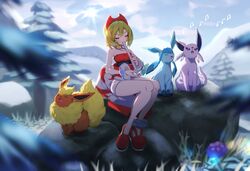  ankea_(a-ramo-do) bad_id bad_twitter_id blonde_hair blurry closed_eyes collar collarbone commentary_request day espeon eyelashes female flareon glaceon hairband highres instrument irida_(pokemon) jewelry knees legs_together medium_hair music neck_ring outdoors playing_instrument pokemon pokemon_(creature) pokemon_legends:_arceus red_footwear red_hairband red_shirt sash shirt shoes shorts singing sitting strapless strapless_shirt tree white_shorts 