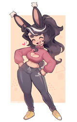  ^_^ animal_ears artist_name black_hair black_pants blush breasts cleavage_cutout closed_eyes clothing_cutout crop_top cropped_sweater facing_viewer female full_body hands_on_own_hips highres long_hair long_sleeves m_(sharktuna) medium_breasts midriff multicolored_hair navel open_mouth original pants ponytail rabbit_ears rabbit_girl rabbit_tail red_sweater rimless_eyewear sharktuna shiny_clothes shoes simple_background smile sneakers solo sweater swept_bangs tail teeth upper_teeth_only white_background white_hair yellow_footwear 