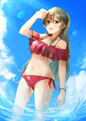  :d absurdres anzo_(anzu_elichi0928) arm_up bare_shoulders bikini blue_sky bracelet breasts brown_eyes brown_hair cleavage cloud collarbone commentary_request cowboy_shot d4dj day female frilled_bikini frills groin hair_between_eyes highres jewelry light_rays medium_breasts midriff navel ocean open_mouth outdoors partial_commentary red_bikini shading_eyes side-tie_bikini_bottom sidelocks sky smile solo standing stomach sunbeam sunlight swimsuit wading wet yamate_kyouko 