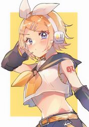  belt blonde_hair blue_eyes blush bow bow_hairband breasts chiro_(chi-bu-ko) collared_shirt commentary crop_top female hairband hairbow hand_on_headphones headphones highres kagamine_rin looking_at_viewer midriff navel neckerchief sailor_collar shirt short_sleeves small_breasts solo vocaloid white_background white_bow yellow_background yellow_neckerchief 