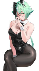  alternate_costume animal_ears bare_shoulders between_legs black_bow black_bowtie black_hairband black_leotard blush bow bowtie breasts closed_mouth crossed_legs detached_collar fake_animal_ears female genshin_impact glasses green_hair hairband hand_between_legs highres invisible_chair large_breasts leotard long_hair looking_at_viewer low_ponytail multicolored_hair okpriko pantyhose playboy_bunny rabbit_ears simple_background sitting solo streaked_hair sucrose_(genshin_impact) thighs white_background wrist_cuffs yellow_eyes 