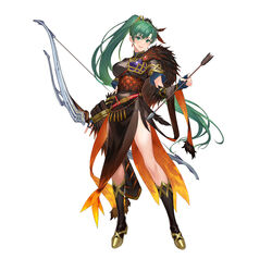  armor arrow_(projectile) bow_(weapon) breasts earrings female fingerless_gloves fire_emblem fire_emblem:_the_blazing_blade fire_emblem_heroes full_body gloves green_eyes green_hair high_ponytail highres holding holding_arrow holding_bow_(weapon) holding_weapon jewelry kakage large_breasts long_hair looking_at_viewer lyn_(brave_lady)_(fire_emblem) lyn_(brave_lady)_(resplendent)_(fire_emblem) lyn_(fire_emblem) official_alternate_costume official_art open_mouth ponytail quiver smile solo very_long_hair weapon white_background 