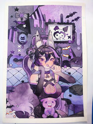  animal_ear_fluff animal_ears black_hair breasts candy collar drawing_(object) eating feline female fluff fluffy food fox fox_ears fox_girl fox_tail highres indie_virtual_youtuber kuroina_(osiimi) large_breasts lollipop mong_tuong_(tao) multicolored_hair picture_frame purple_eyes solo tail two-tone_hair virtual_youtuber 