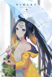  absurdres alternate_costume alternate_hairstyle black_hair blue_eyes blunt_bangs body_writing breasts character_name commentary dress english_commentary female flower forehead forehead_writing from_side gradient_hair hair_flower hair_ornament happy_birthday highres holding holding_umbrella hololive hololive_english hood hooded_jacket jacket long_hair looking_at_viewer lufi_ays multicolored_hair ninomae_ina&#039;nis no_bangs official_alternate_hairstyle orange_hair ponytail rain sidelocks signature small_breasts solo spaghetti_strap tentacle_hair translation_request transparent transparent_umbrella umbrella upper_body very_long_hair violet_(ninomae_ina&#039;nis) virtual_youtuber water_drop white_dress wide_sleeves yellow_jacket 