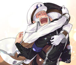  2boys affectionate belt black_coat black_headwear brothers brown_belt brown_coat closed_eyes coat commentary_request crying emmet_(pokemon) gloves good_end grey_hair hat hug ingo_(pokemon) komoten_(yuigadokusontei) long_sleeves male_focus multiple_boys open_mouth peaked_cap pokemon pokemon_bw pokemon_legends:_arceus shirt short_hair siblings sideburns signature striped striped_coat tears teeth tongue upper_teeth_only white_coat white_gloves white_headwear white_shirt 