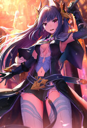  :d ahoge arm_guards armpits ascot belt blue_thighhighs blurry blurry_background breasts capelet center_opening cleavage clothing_cutout coat commentary cowboy_shot curled_horns demon_girl demon_horns elbow_gloves female gauntlets gloves headpiece highres holding holding_sword holding_weapon horns light_rays long_hair looking_at_viewer medium_breasts mizuya_nao navel navel_cutout open_mouth princess_connect! purple_belt purple_capelet purple_coat purple_eyes purple_gloves purple_hair purple_skirt rei_(princess_connect!) sheath sheathed sideboob sidelocks skirt sleeveless sleeveless_coat smile solo standing striped_clothes striped_gloves sunbeam sunlight sword teeth thighhighs unsheathed upper_teeth_only vertical-striped_clothes vertical-striped_gloves weapon zettai_ryouiki 