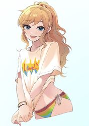  :d bikini bikini_bottom_only blonde_hair blue_eyes blush bracelet breasts clothes_writing collarbone commentary_request cowboy_shot cropped_legs earrings female hair_ornament highres idolmaster idolmaster_cinderella_girls jewelry long_hair looking_at_viewer multicolored_bikini multicolored_clothes necklace no_pants ohtsuki_yui open_mouth ponytail shirt shirt_tug side-tie_bikini_bottom simple_background smile solo star_(symbol) star_earrings striped swimsuit t-shirt teeth upper_teeth_only yuzuhota0313 