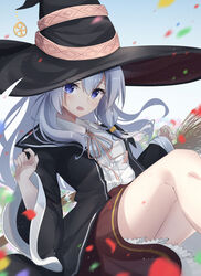  black_hat black_jacket blue_eyes blurry blurry_background blurry_foreground blush breasts broken broom collared_shirt commentary depth_of_field elaina_(majo_no_tabitabi) eyebrows_visible_through_hat eyes_visible_through_headwear female frilled_skirt frills grey_hair hair_between_eyes hands_up hat highres jacket long_hair looking_at_viewer majo_no_tabitabi md5_mismatch neck_ribbon open_mouth petals pink_ribbon ribbon rinne_(buye_rinne) shirt skirt small_breasts solo sweatdrop white_shirt witch_hat 