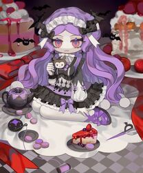  3di_project bat_wings cake cake_slice commentary drudrusilla_purple english_commentary eyelashes food full_body gothic_lolita hairband highres lolita_fashion long_hair long_sleeves mong_tuong_(tao) puffy_long_sleeves puffy_sleeves purple_footwear purple_hair red_eyes scissors swept_bangs teapot vampire virtual_youtuber wavy_hair white_legwear wings 