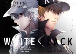  2boys bad_id bad_pixiv_id baseball_cap black_eyes black_shirt blonde_hair collared_shirt colored_skin cover cover_page english_text from_side grey_hair hair_over_one_eye hat hataraku_saibou highres killer_t_(hataraku_saibou) light_particles male_focus military military_uniform multiple_boys orange_eyes serious shirt short_hair short_sleeves tsunami_(sorudora) u-1146 uniform upper_body white_blood_cell_(hataraku_saibou) white_shirt white_skin 