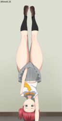  absurdres black_socks blush breasts commentary expressionless female green_eyes grey_sailor_collar grey_skirt handstand highres kurosawa_ruby loafers looking_at_viewer love_live! love_live!_sunshine!! lycoris_challenge_(meme) medium_breasts meme neckerchief one_arm_handstand parody red_hair roswell_ss sailor_collar scene_reference school_uniform serafuku shoes skirt skirt_hold socks solo thighs yellow_neckerchief 