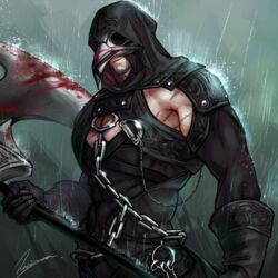  1boy axe beard black_gloves black_hood blood blood_on_mask blood_on_weapon blurry blurry_background chains facial_hair facing_viewer gloves holding holding_axe male_focus meisai muscular muscular_male original outdoors pectorals plague_doctor_mask rain scar scar_on_arm solo standing weapon 