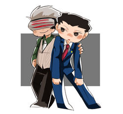  2boys black_hair black_pants blazer blue_pants commentary_request facial_hair godot_(ace_attorney) gyakuten_saiban jacket looking_at_another male_focus multiple_boys naruhodou_ryuuichi necktie pants phoenix_wright:_ace_attorney_-_trials_and_tribulations saetitiitan simple_background smile spiked_hair vest visor white_hair 