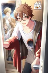  2boys bag blonde_hair brown_hair cold_pack door ensemble_stars! glasses hairband highres hood hoodie kindo male_focus mirror morisawa_chiaki multiple_boys night night_sky open_mouth plastic_bag red_eyes shirt short_hair sky star_(sky) star_(symbol) starry_sky starry_sky_print t-shirt takamine_midori 