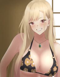  absurdres bad_id bad_pixiv_id bikini black_bikini blonde_hair blush breasts cleavage collarbone commentary earrings female floral_print flower_bikini gold_necklace grin hateri highres jewelry kitagawa_marin large_breasts long_hair looking_at_viewer medium_breasts multicolored_hair multiple_piercings necklace pink_hair print_bikini red_eyes shouji sliding_doors smile solo sono_bisque_doll_wa_koi_wo_suru streaked_hair swimsuit teeth upper_body 