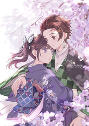  1boy antweiyi arm_around_shoulder black_hair black_jacket brown_eyes brown_hair butterfly_hair_ornament checkered_haori closed_mouth couple cowboy_shot earrings female flower hair_ornament hanafuda hug jacket jacket_on_shoulders japanese_clothes jewelry kamado_tanjirou kimetsu_no_yaiba kimono long_hair long_sleeves obi outdoors purple_eyes purple_kimono sash scar scar_on_face scar_on_forehead shirt short_hair side_ponytail signature single_earring standing straight tsuyuri_kanao white_shirt wide_sleeves 